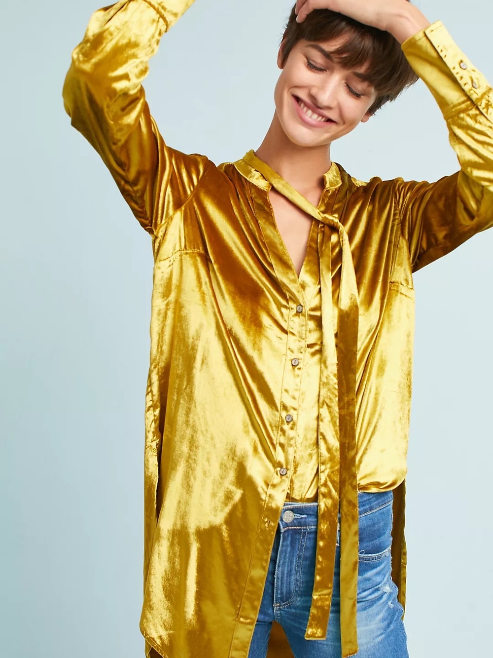 Maeve Anthropologie Gold Velvet Tunic Top Button-Down Oversized Shirt Dress 16 - Picture 3 of 8